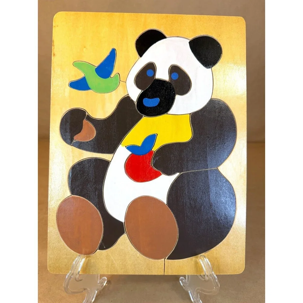 Vintage 1980s Wooden Panda Bear Puzzle • Chunky Wooden Tray Puzzle Retro Nursery